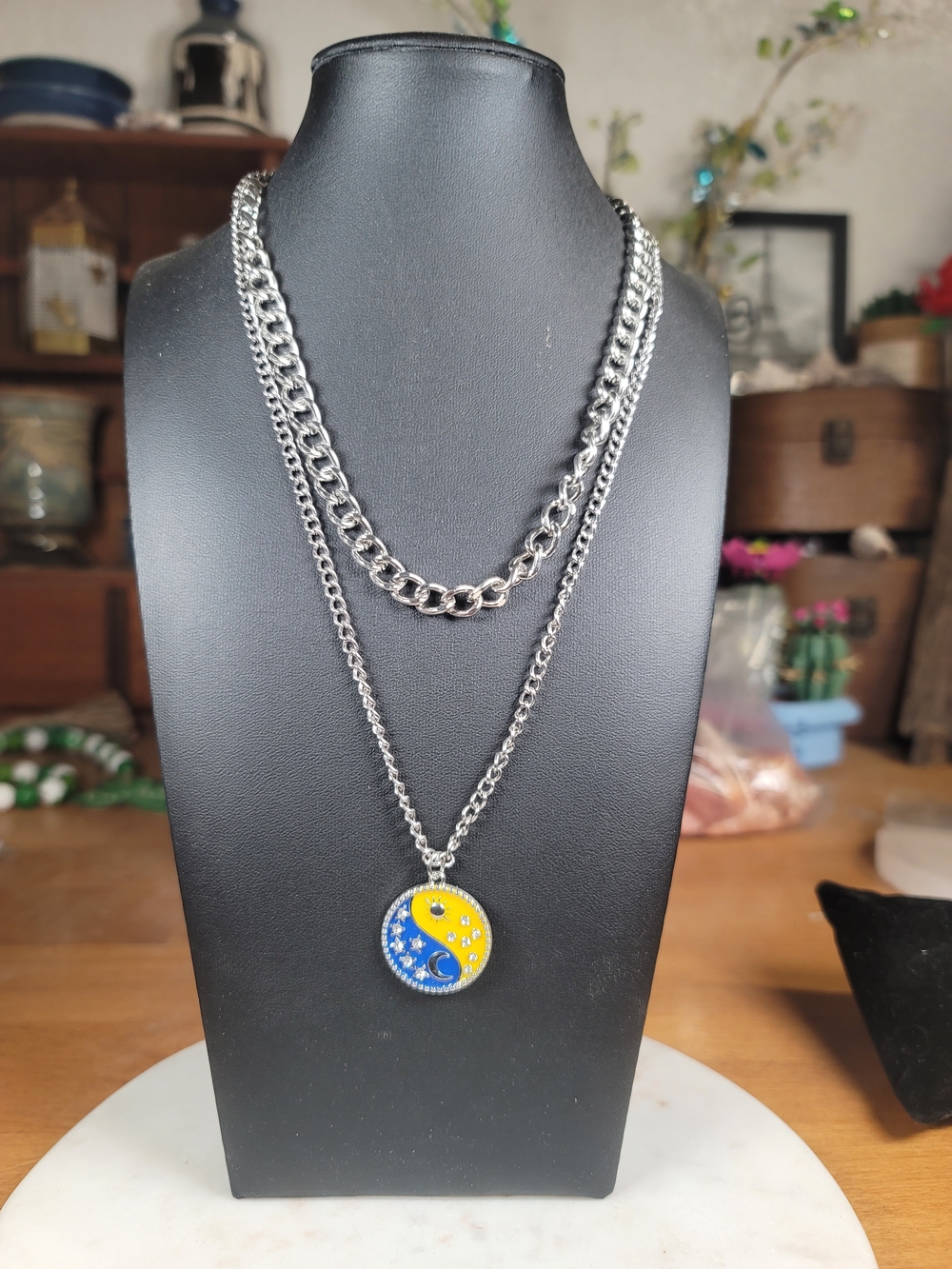 paparazzi Silver Layered Necklace with Blue and Yellow Celestial Pendant